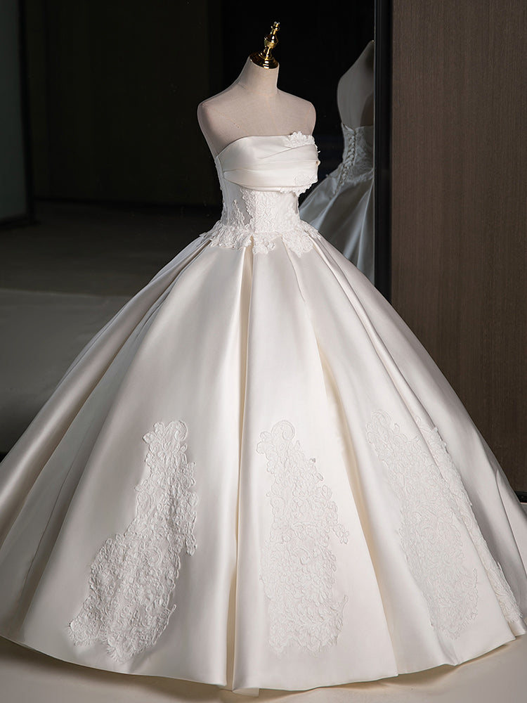 A-Line Satin Lace ivory Long Wedding Dress, Lace Weeding Party Dress