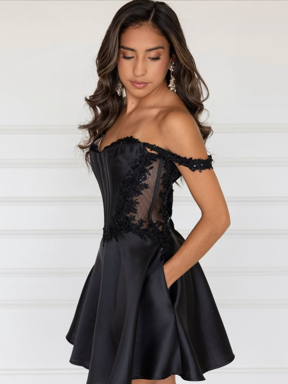 A-line Off Shoulder Satin Lace Short Prom Dress