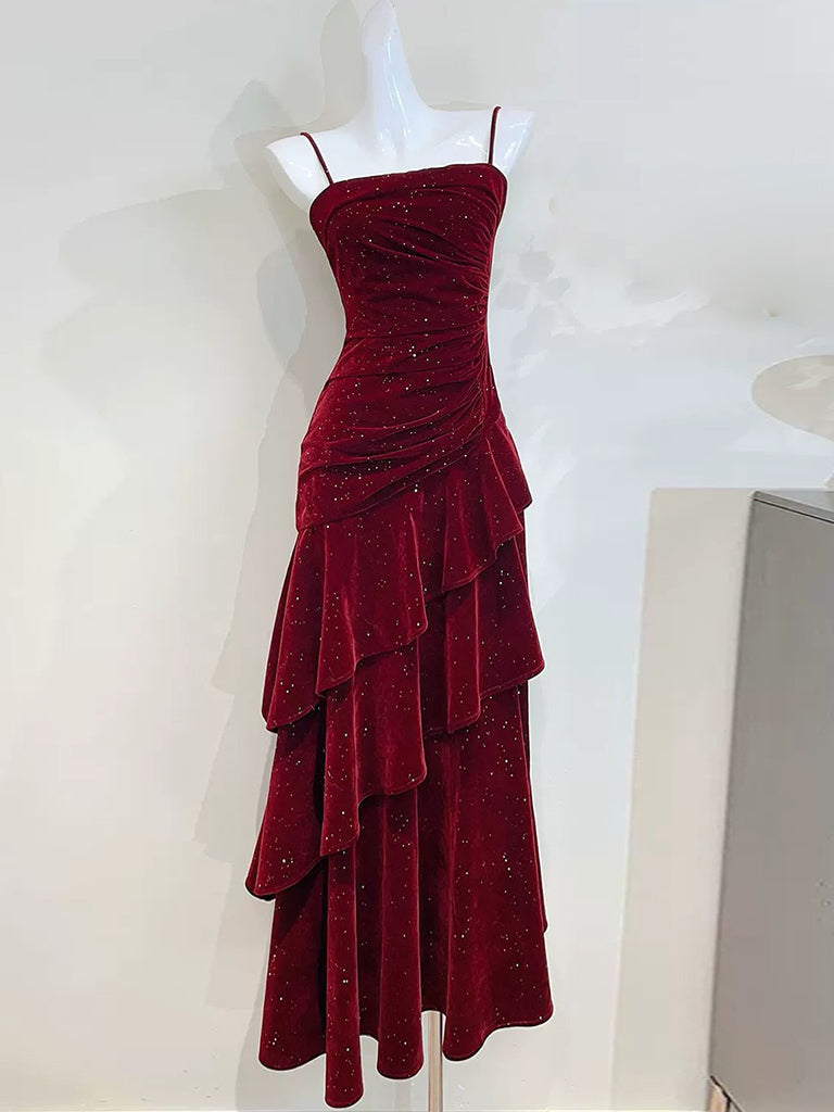 Burgundy Velvet Floor Length Long Prom Dress With Ruffles