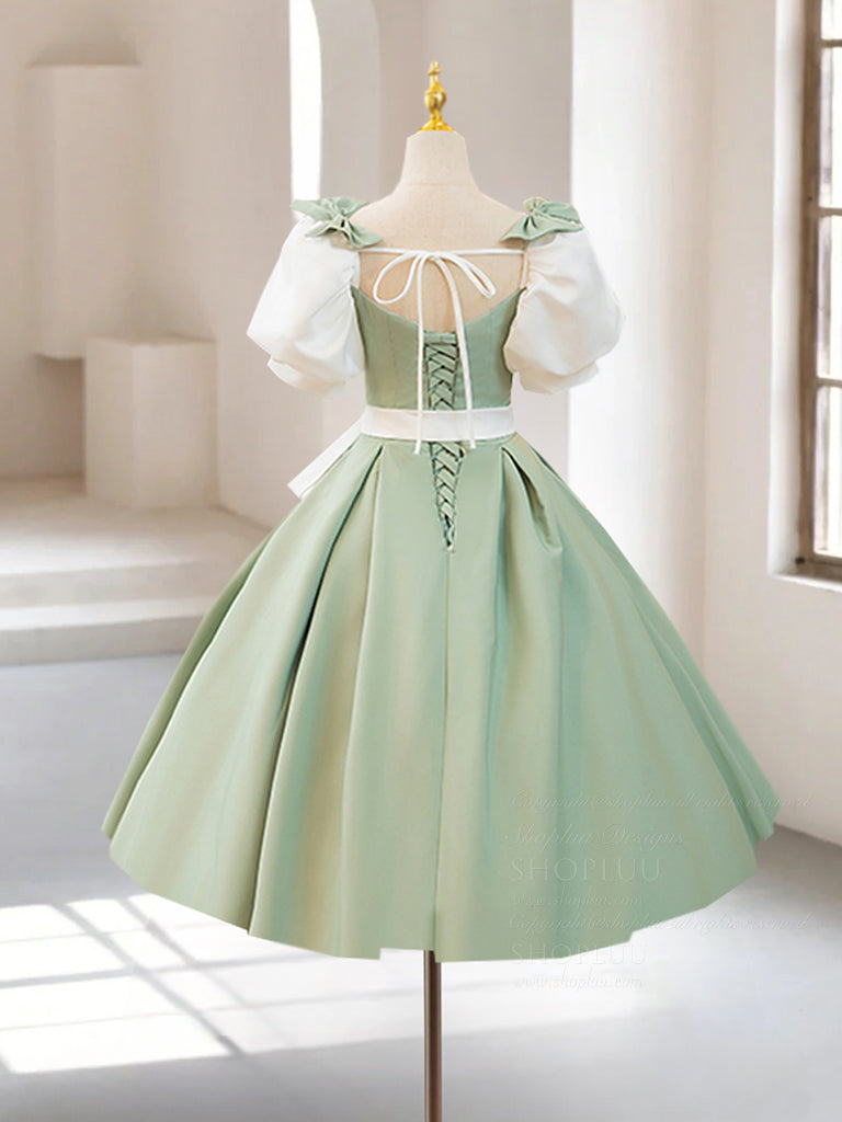A-Line Puff Sleeves Satin Green Short Prom Dress, Cute Homecoming Dress US 2 / Green A-Line Puff Sleeves Satin Green Short Prom Dress, Cute Homecoming Dress US 2 / Green