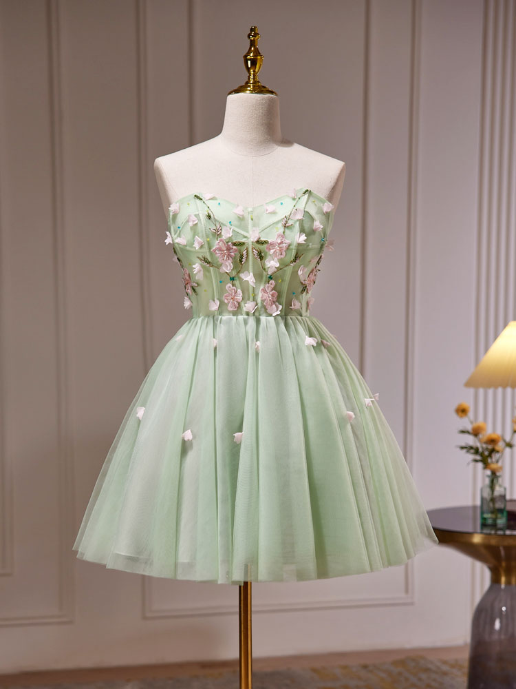 Green Tulle Beaded Party Dress, Green Short Prom Dress with Flowers US 10 / Custom Color Green Tulle Beaded Party Dress, Green Short Prom Dress with Flowers US 10 / Custom Color