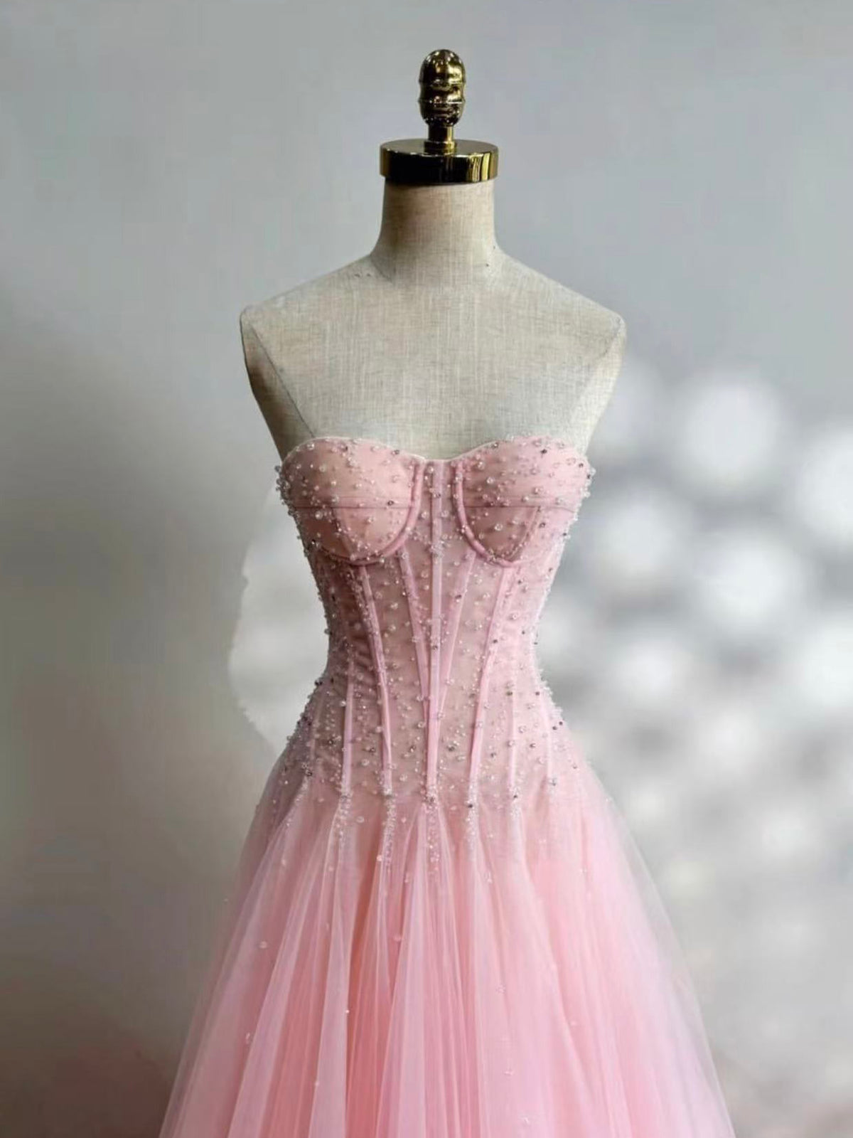 A-line Sweetheart Neck Tulle Sweep Train Pink Prom Dress with Beads