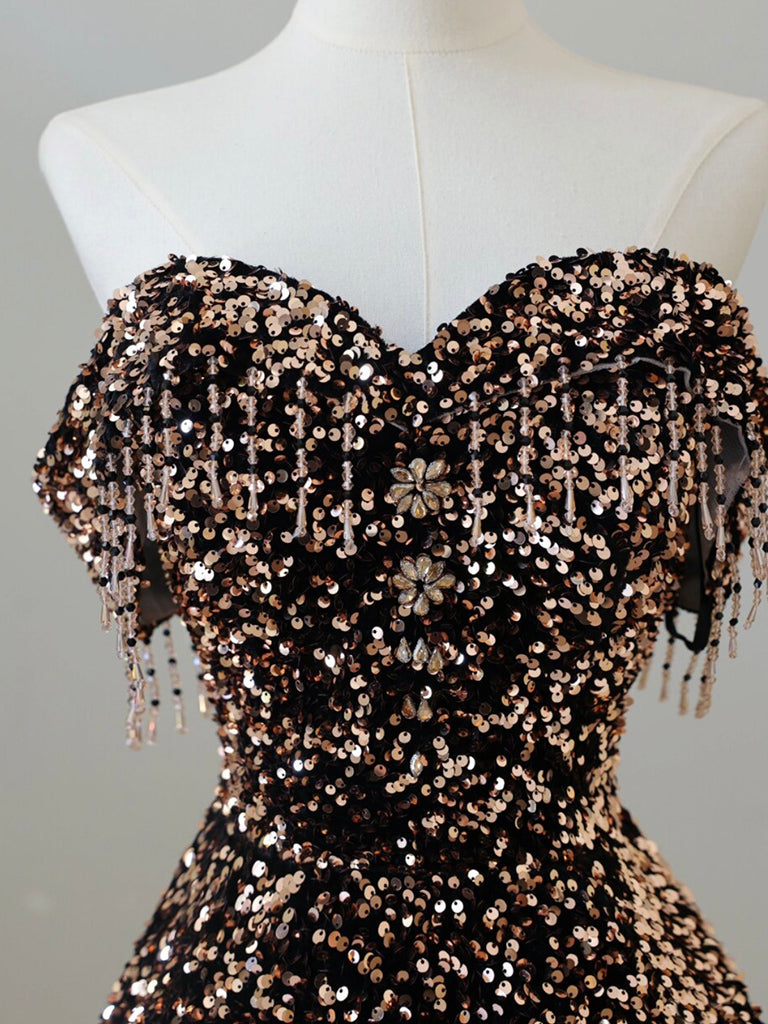 Off Shoulder A-Line Coffee Gold Sequin Long Prom Dress, Coffee Gold Evening Dress Off Shoulder A-Line Coffee Gold Sequin Long Prom Dress, Coffee Gold Evening Dress