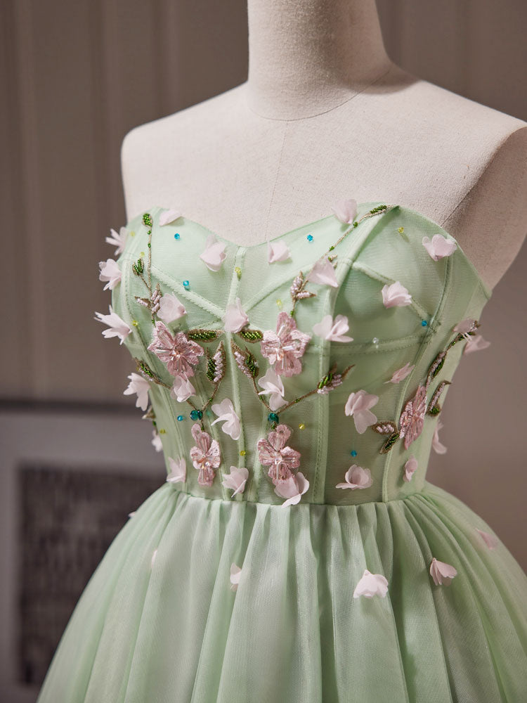 Green Tulle Beaded Party Dress, Green Short Prom Dress with Flowers US 10 / Custom Color Green Tulle Beaded Party Dress, Green Short Prom Dress with Flowers US 10 / Custom Color