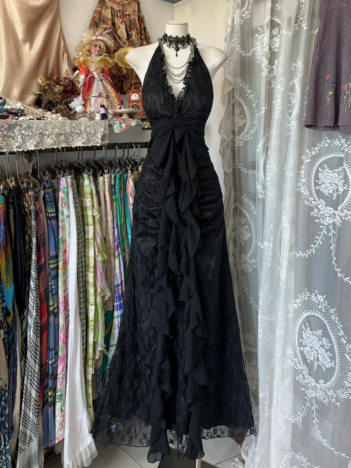 A-Line V Neck Tulle Lace Floor Length Black Prom Dress, Black Party Dress