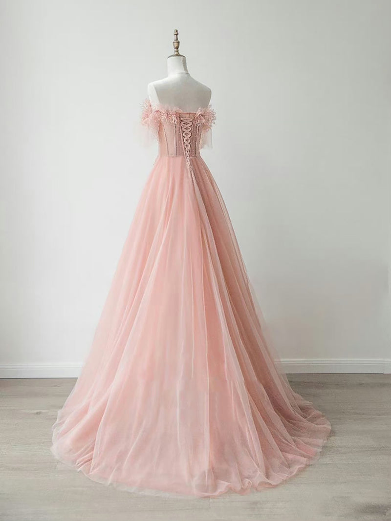 A-Line Sweetheart Neck Tulle Lace Pink Long Prom Dress, Pink