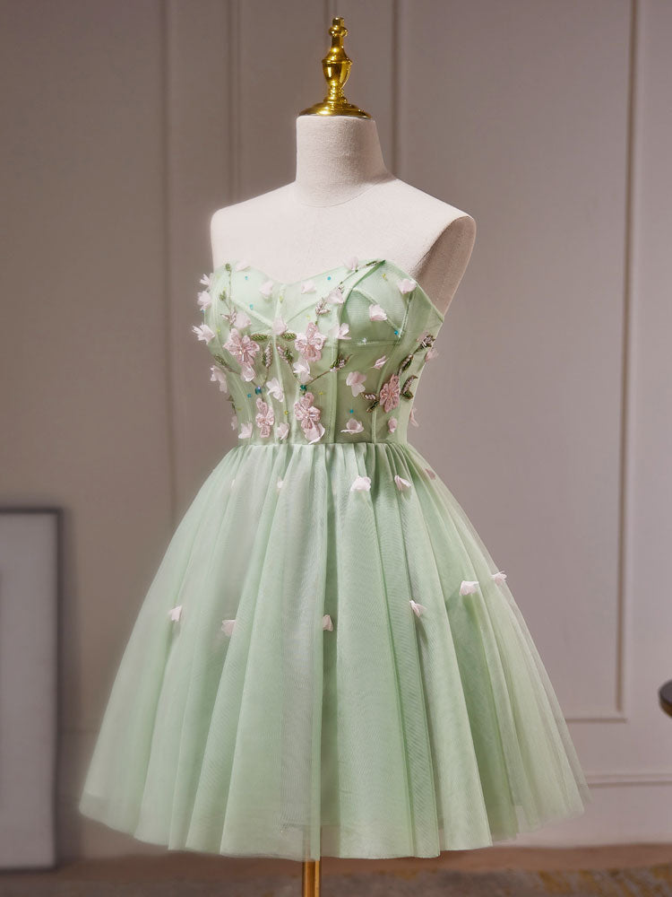 A- Line Sweetheart Neck Tulle Green Short Prom Dress, Green Homecoming  Dresses