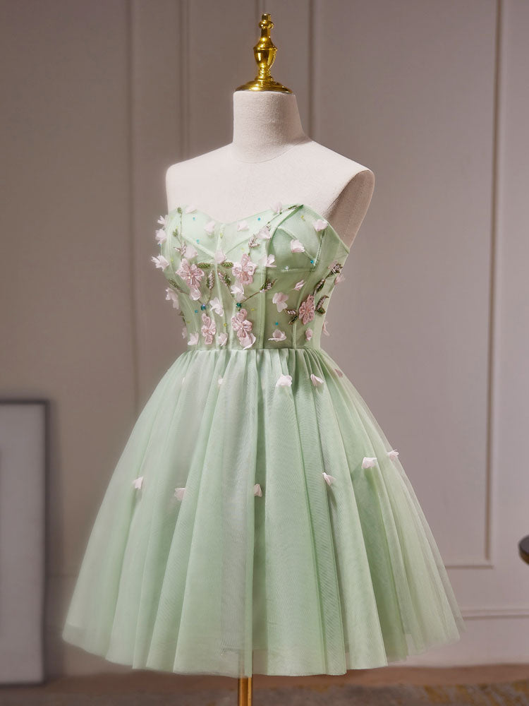 Green Tulle Beaded Party Dress, Green Short Prom Dress with Flowers US 10 / Custom Color Green Tulle Beaded Party Dress, Green Short Prom Dress with Flowers US 10 / Custom Color