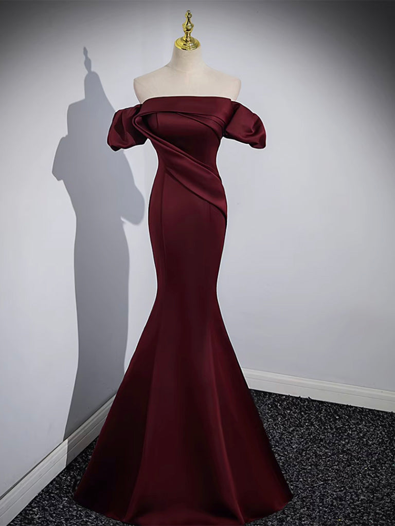 Burgundy Satin Long Prom Dress, Mermaid Off the Shoulder Evening Party Dress US 16 / Custom Color Burgundy Satin Long Prom Dress, Mermaid Off the Shoulder Evening Party Dress US 16 / Custom Color