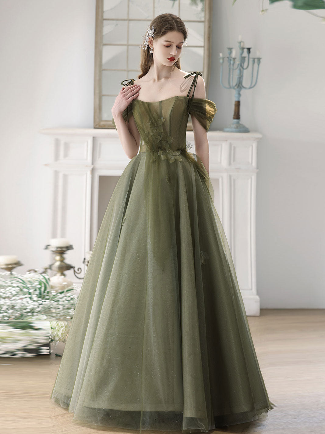 long formal dresses off the shoulder A-Line Green Tulle Prom Dress, Green – shopluu elegant off shoulder dress