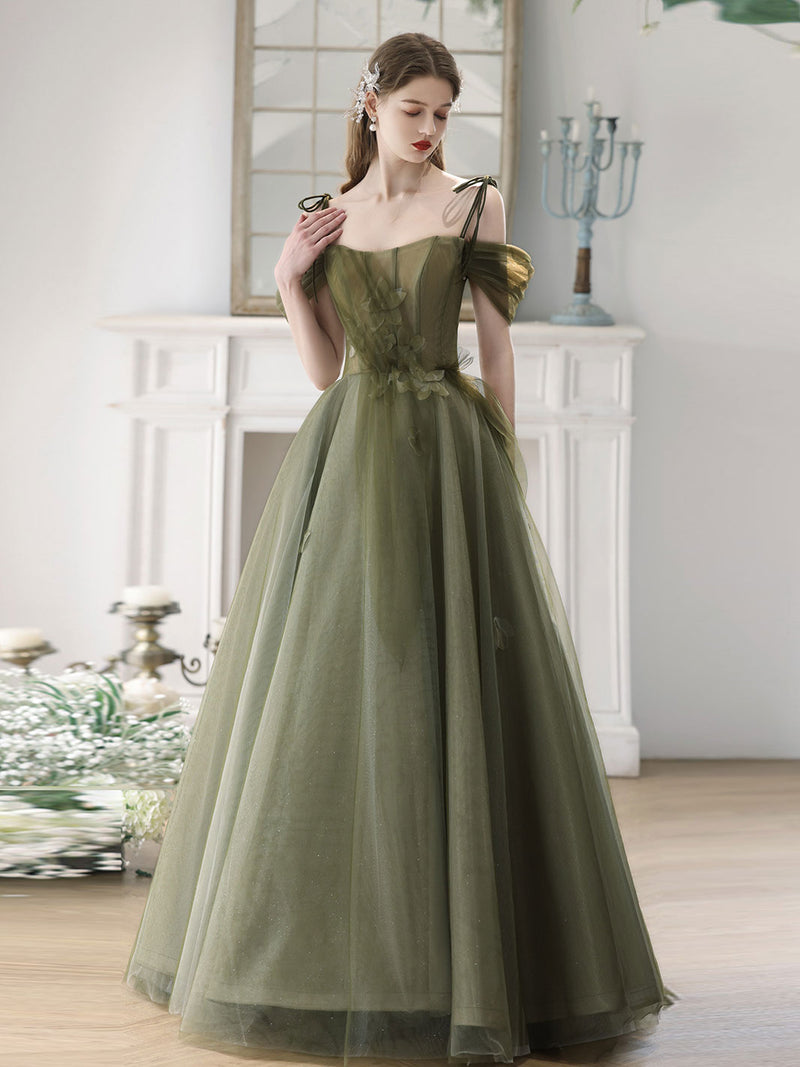 A-Line Off Shoulder Green Tulle Long Prom Dress, Green Formal Dresses A-Line Off Shoulder Green Tulle Long Prom Dress, Green Formal Dresses