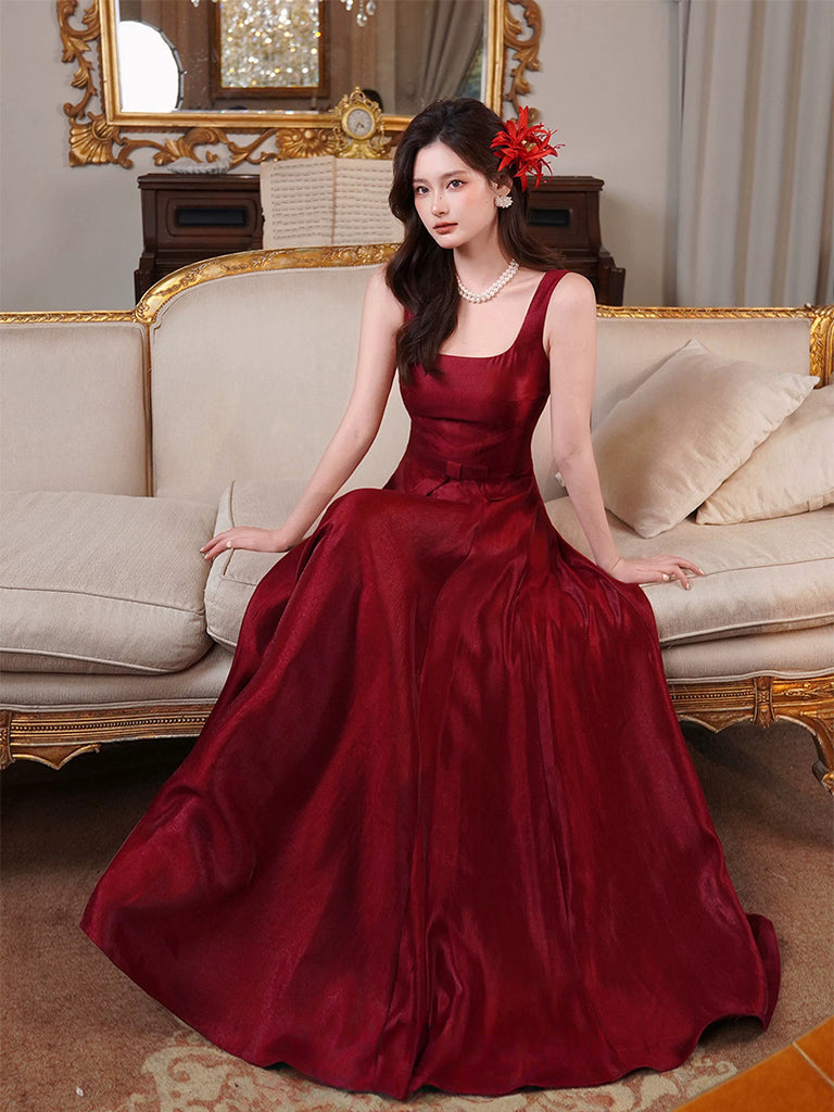 A-Line Satin Burgundy Long Prom Dress, Burgundy Long Party Dress
