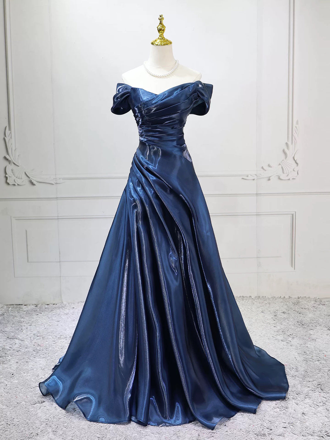 A-line Off Shoulder Dark Blue Long Prom Dress