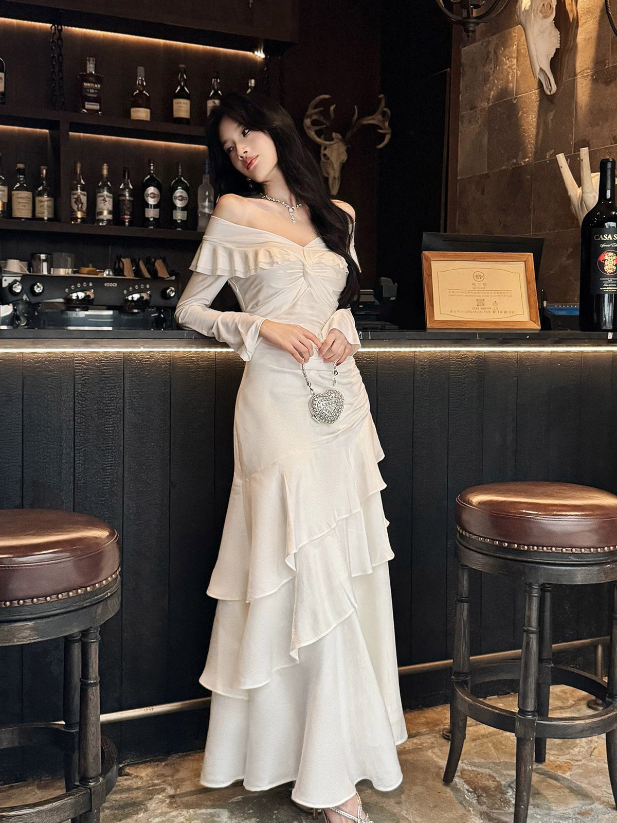 A-Line Sweetheart Long Sleeves ivory Long Prom Dress