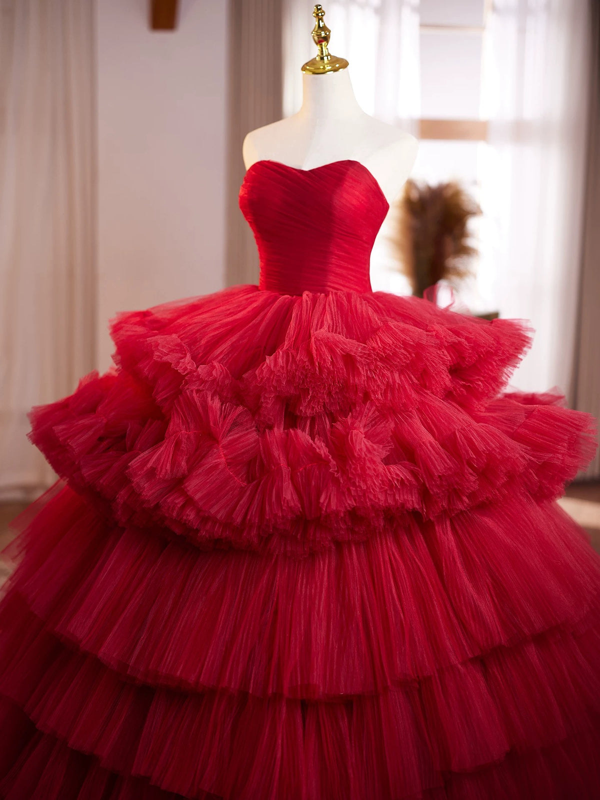 Burgundy Tulle Sweetheart Neck Long Prom Dress, Burgundy Long Evening Dress