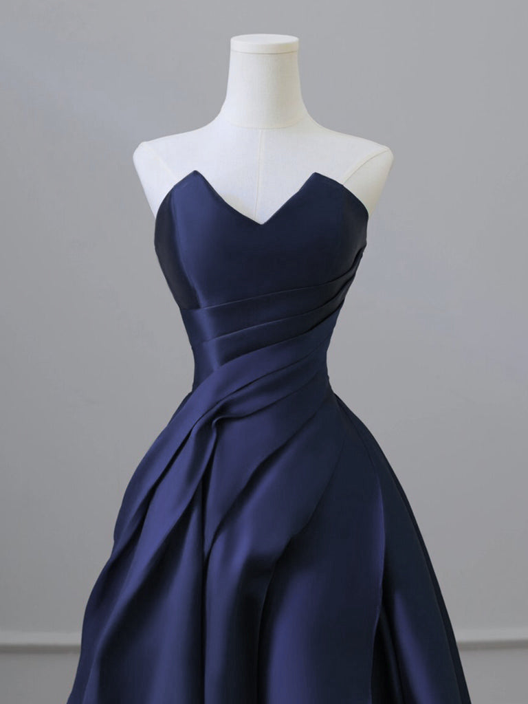 A-Line V Neck Satin Dark Blue Long Prom Dress, Dark Blue Long Formal D
