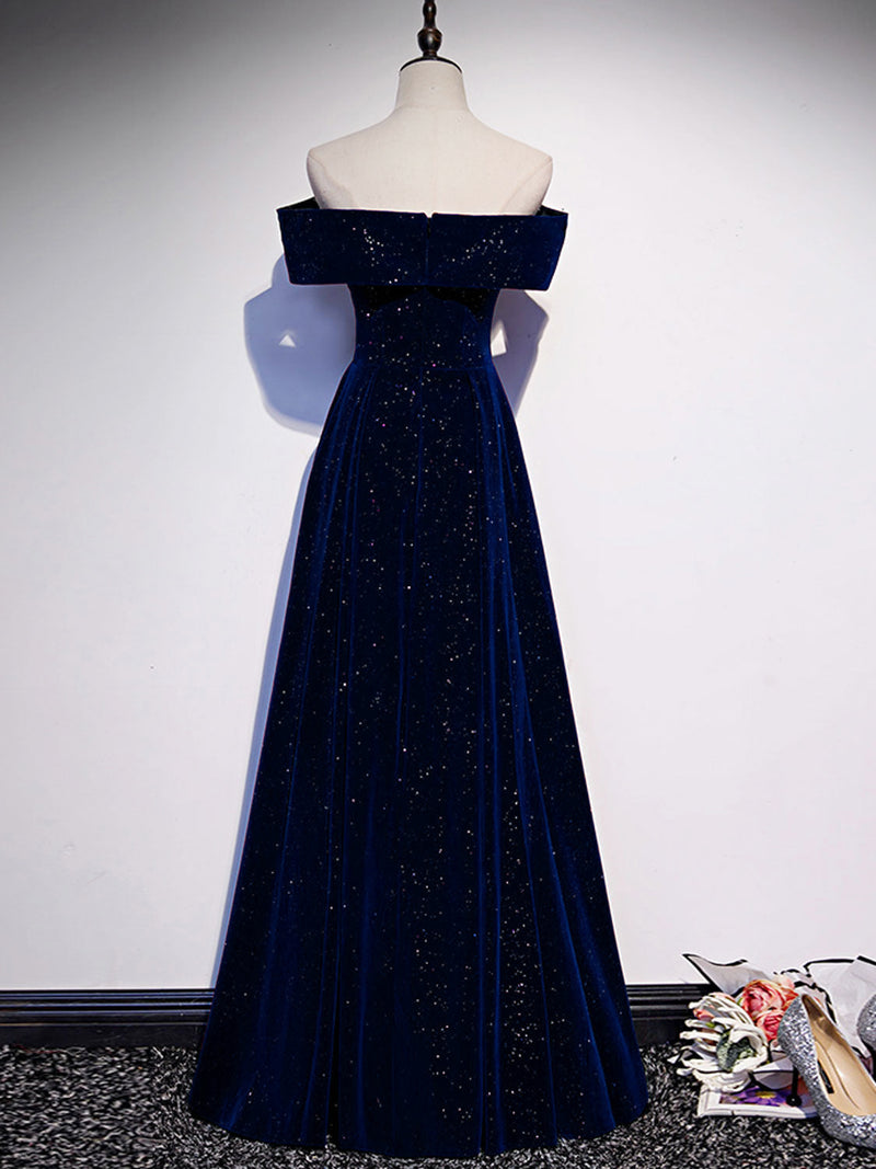 A-Line Off Shoulder Velvet Dark Blue Long Prom Dress, Dark Blue Long F