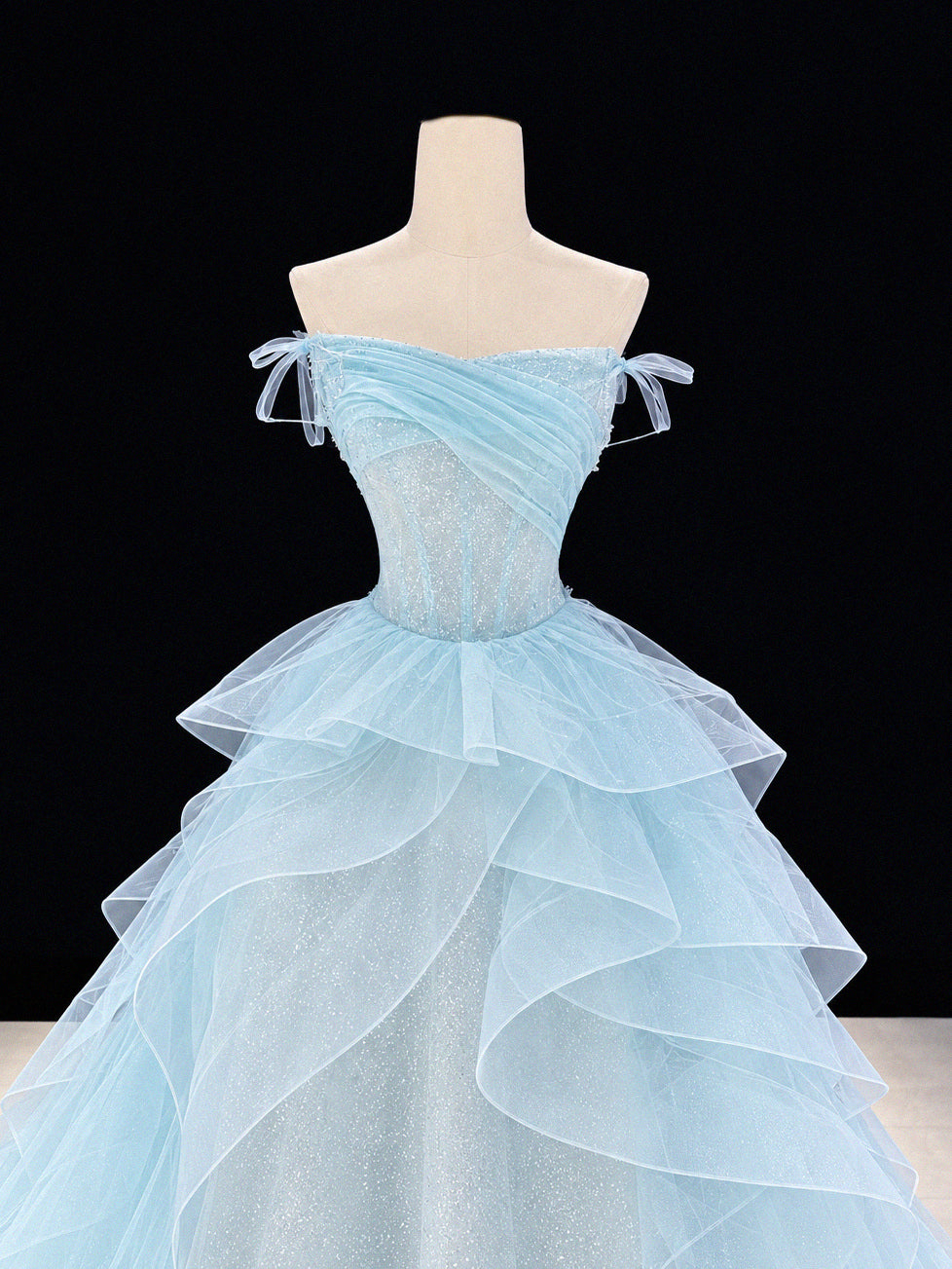 Blue Strapless Ruffle Tiered Tulle Long Prom Dress with Glitter Details