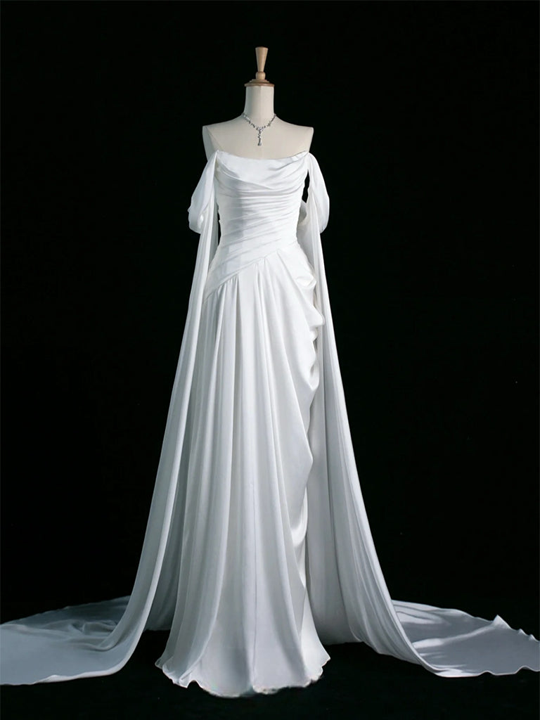 A-Line Off Shoulder Satin White Long Prom Dress, WhiteLong Formal Dress
