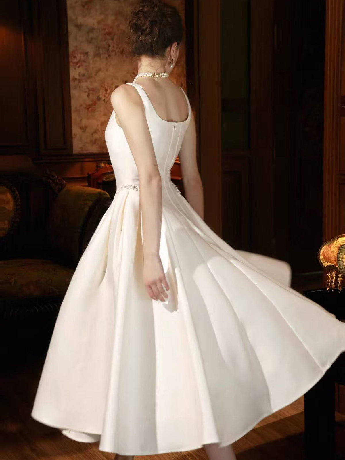 A-line Square Neck Tea Length White Prom Dress with Beads