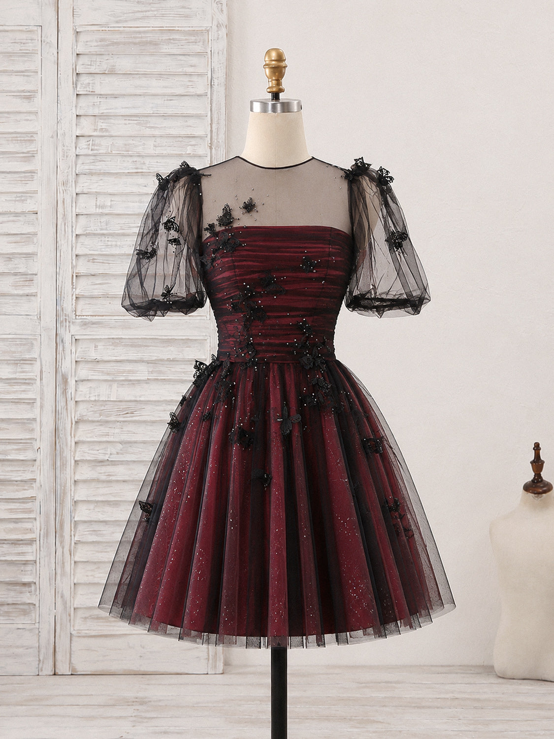 A-line Short Sleeves Tulle Black/Burgundy Homecoming Dress with Butterfly Applique