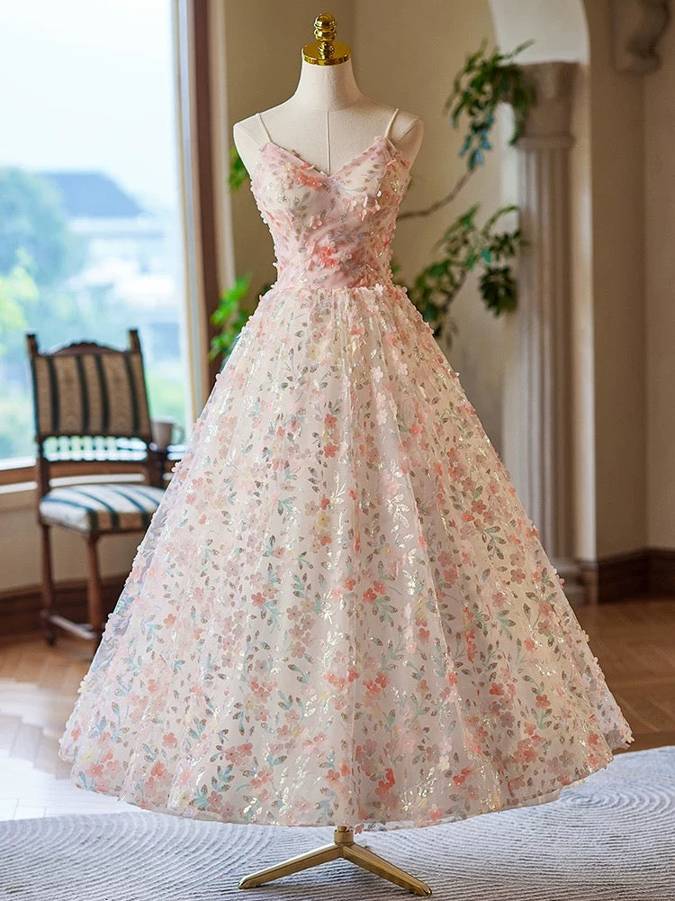 A-Line V Neck Flower Lace Tea Length Pink Prom Dress, Pink Formal Dres shopluu A-Line V Neck Flower Lace Tea Length Pink Prom Dress, Pink Formal Dres shopluu