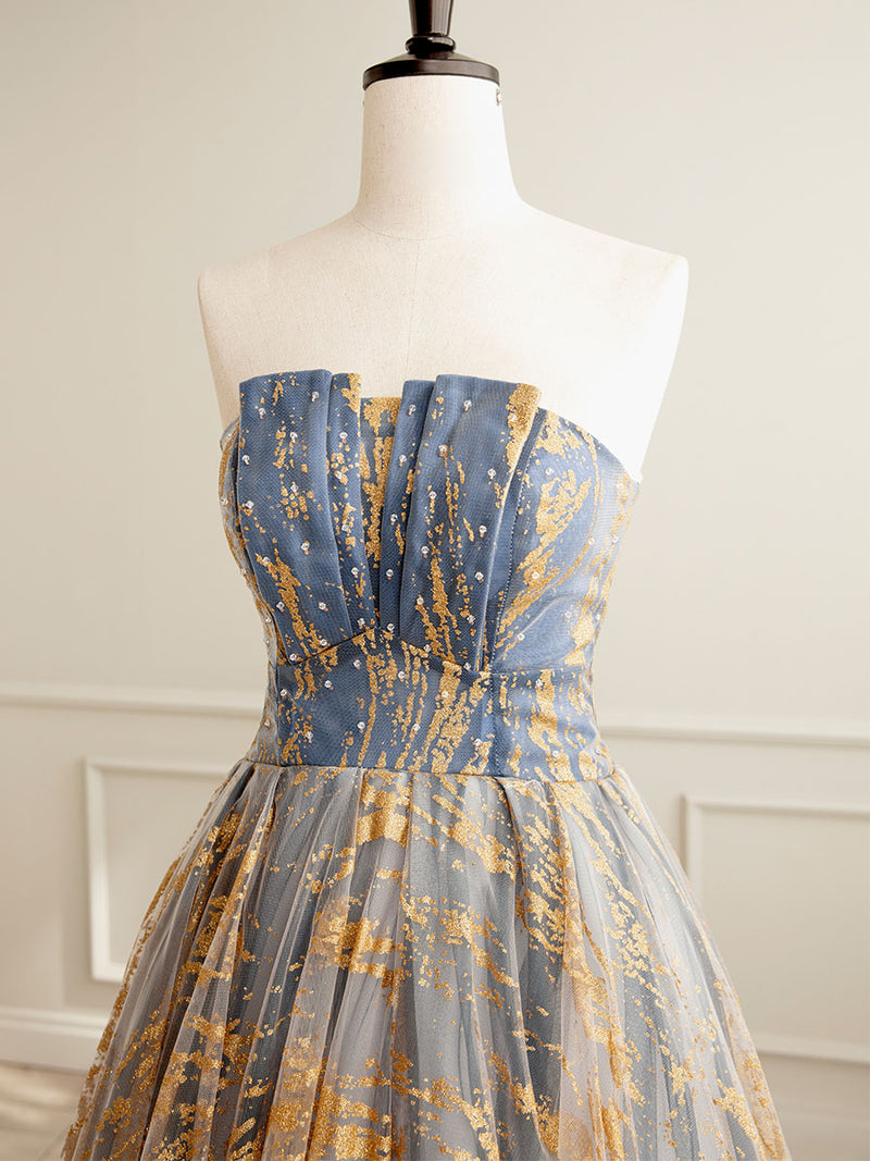 A-Line Gold/Blue Lace Short Prom Dress, Cute Homecoming Dress with