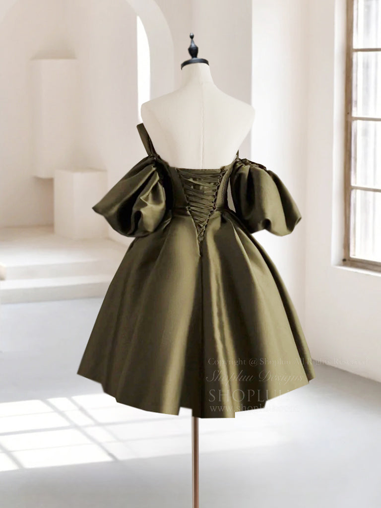 A-Line Puff Sleeves Olive Green Satin Short Prom Dress, Olive