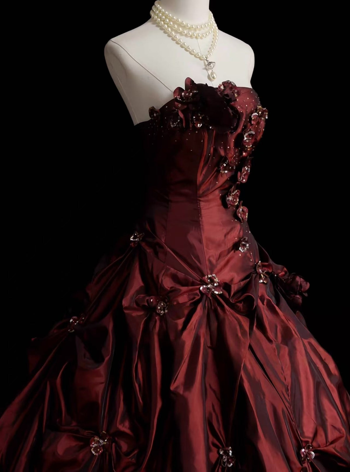 A-line Taffeta Sweep Train Burgundy Long Prom Dress with Beads