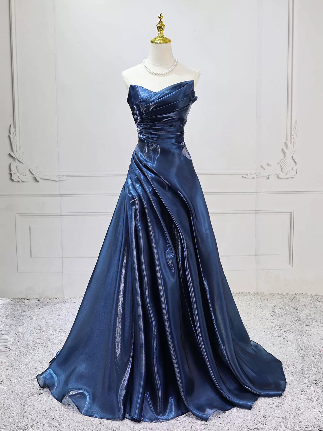A-line Off Shoulder Dark Blue Long Prom Dress
