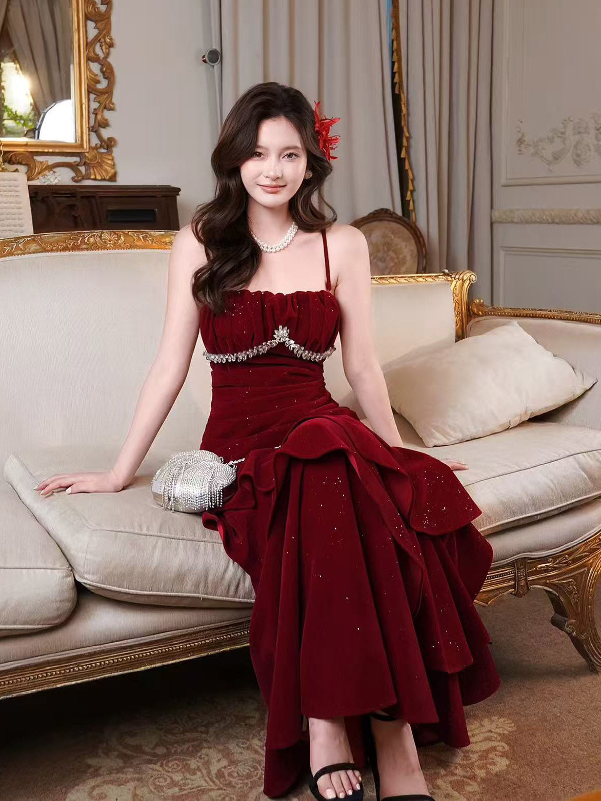 Unique Velvet Ruffles Floor Length Burgundy Prom Dress, Burgundy Party Dress