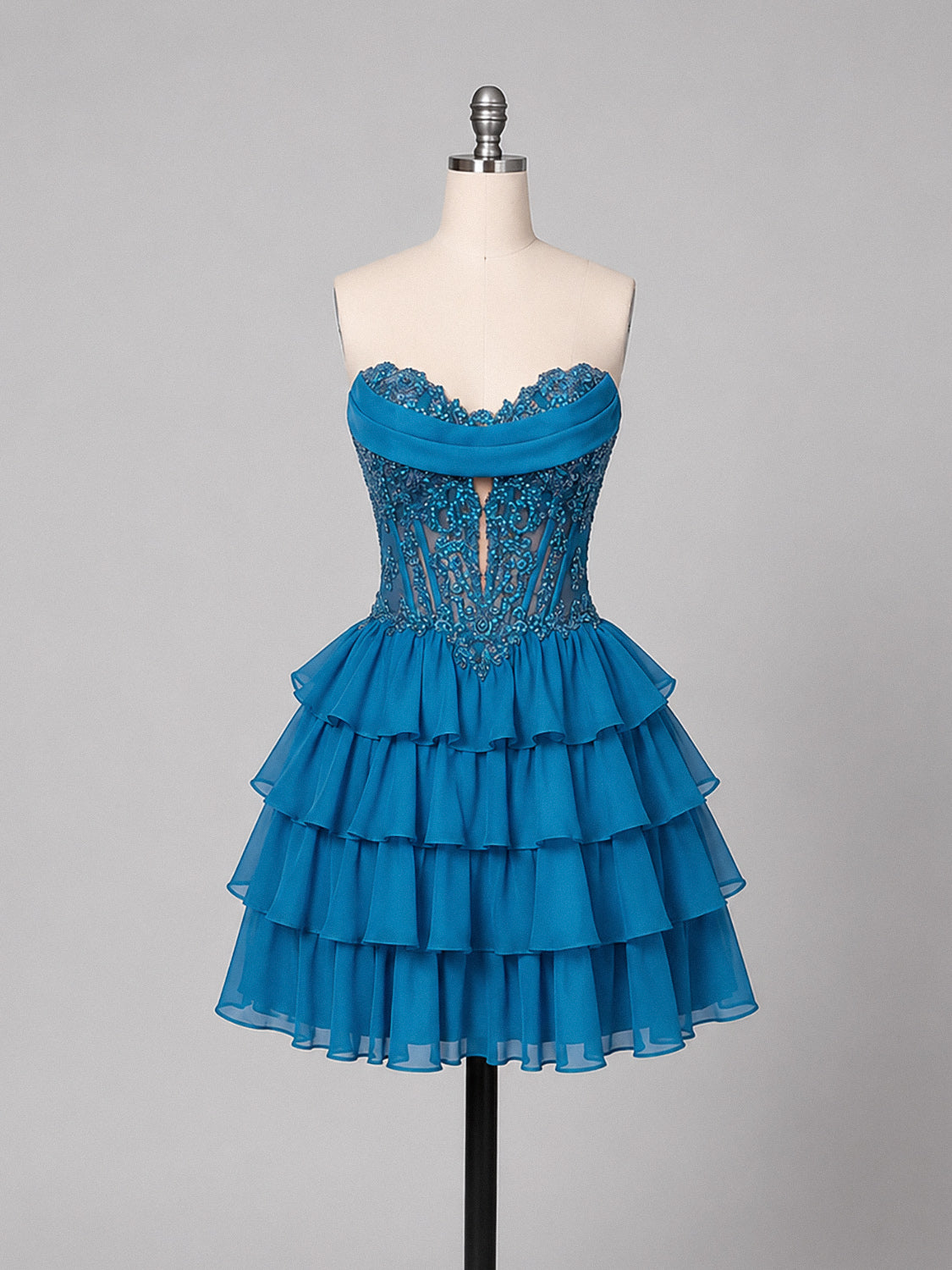A-Line Sweetheart Chiffon Lace Applique Short Blue Prom Dress
