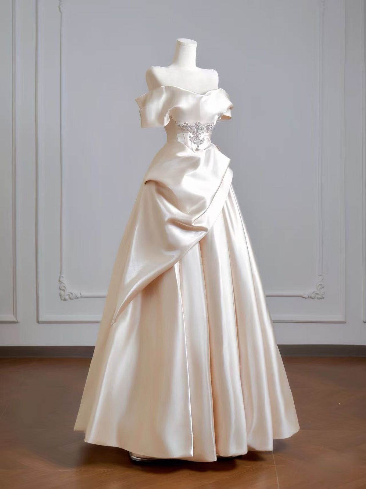 Off Shoulder Satin Floor Length Champagne Long Prom Dress with Beads
