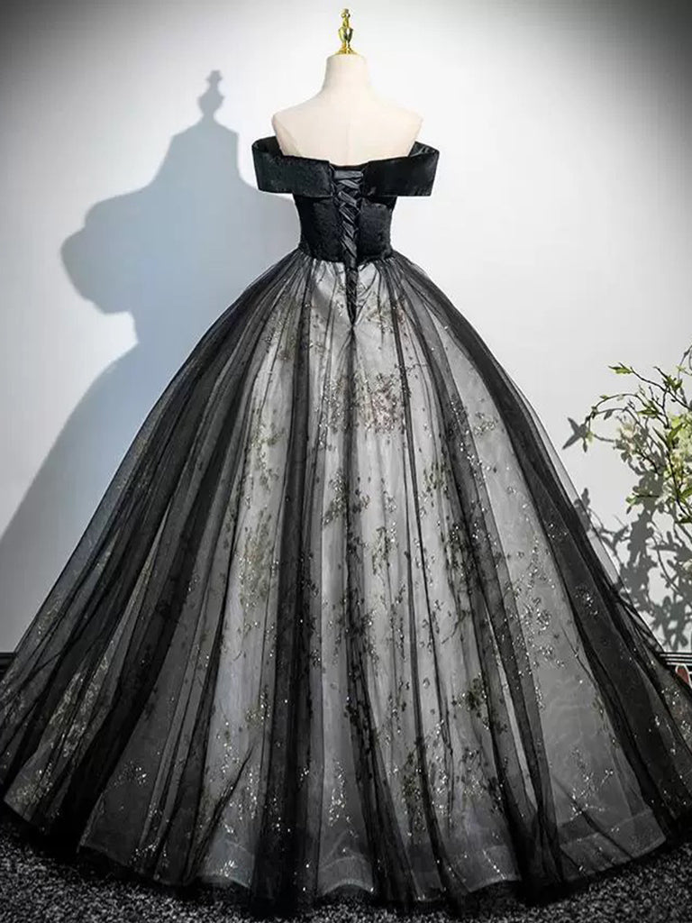 off shoulder lace dress black Black Velvet and Tulle Long Formal Dress, A-Line Off the Shoulder Prom Party Dress US 14 / Black
