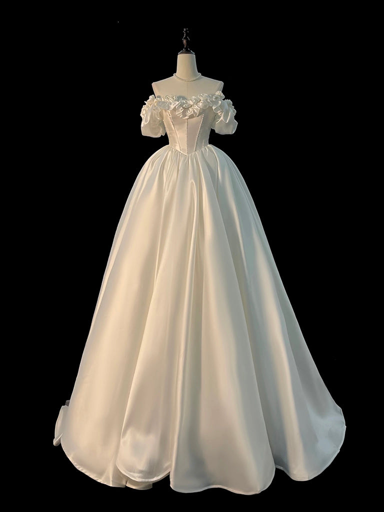 A-Line Off Shoulder Sweep Train Satin Ivory White Long Prom Dress