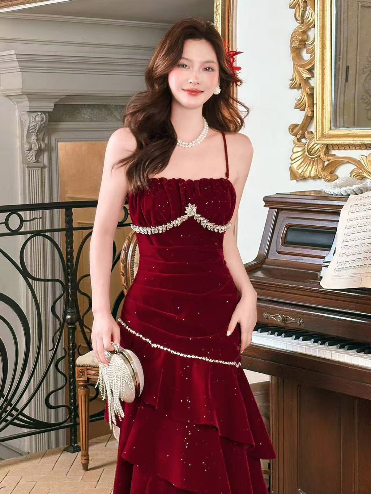 Unique Velvet Ruffles Floor Length Burgundy Prom Dress, Burgundy Party Dress