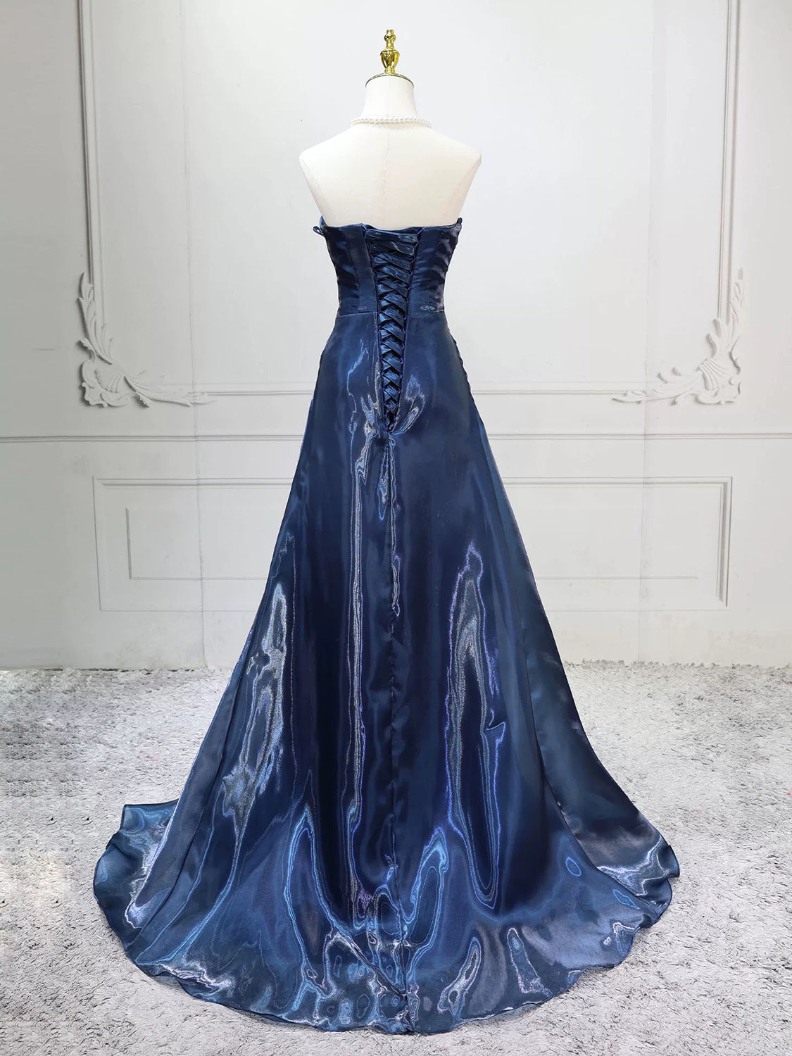 A-line Off Shoulder Dark Blue Long Prom Dress