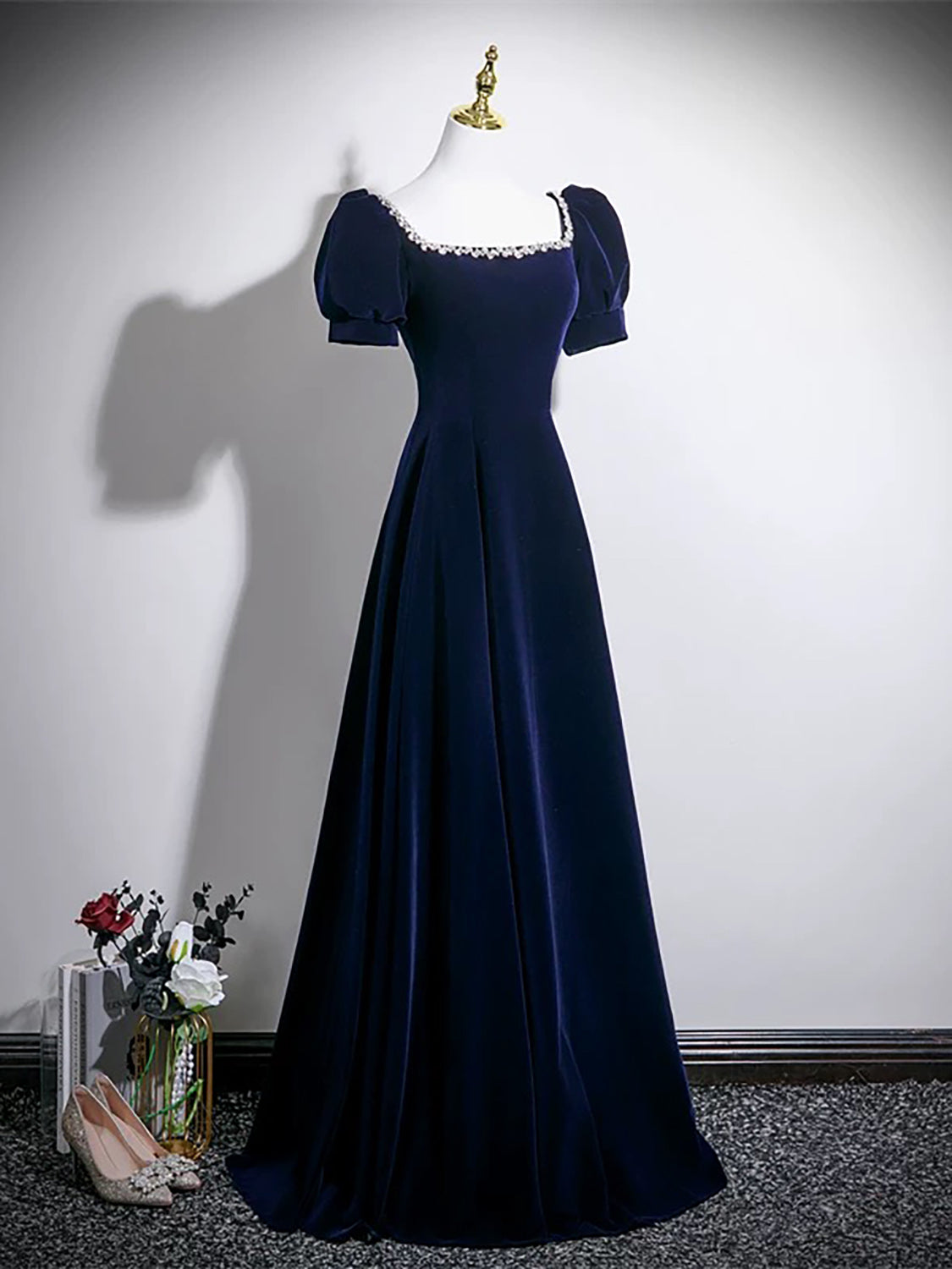 A-line Square Neckline Velvet Dark Blue Long Prom Dress with Beads