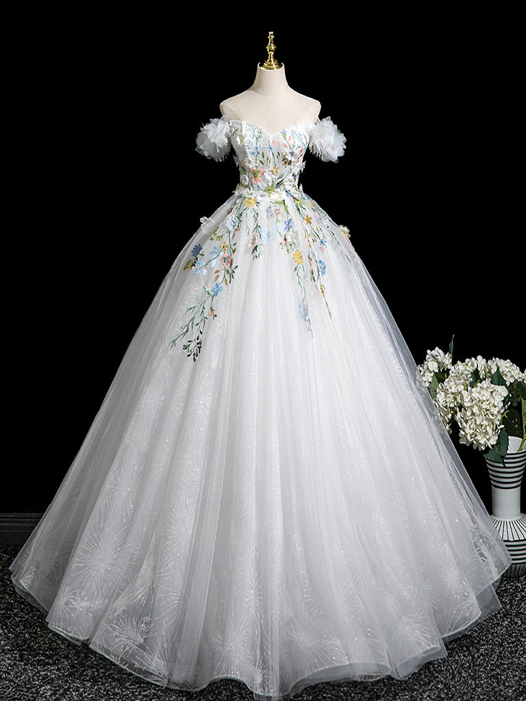 A-Line Tulle Lace White Long Prom Dress, White Long Evening Dress