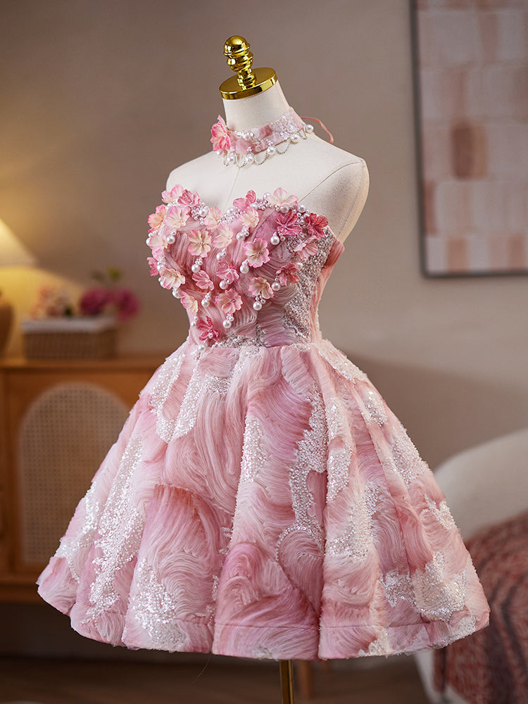 A-Line Pink Lace Flower Pink Short Prom Dress, Pink Homecoming Dress shopluu A-Line Pink Lace Flower Pink Short Prom Dress, Pink Homecoming Dress shopluu