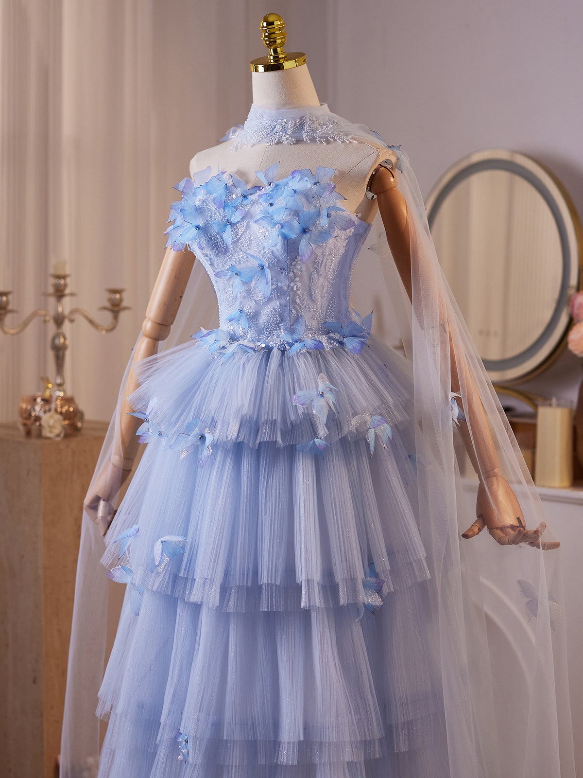 A-Line Tulle Flower Blue Long Prom Dress, Blue Long Evening Dress