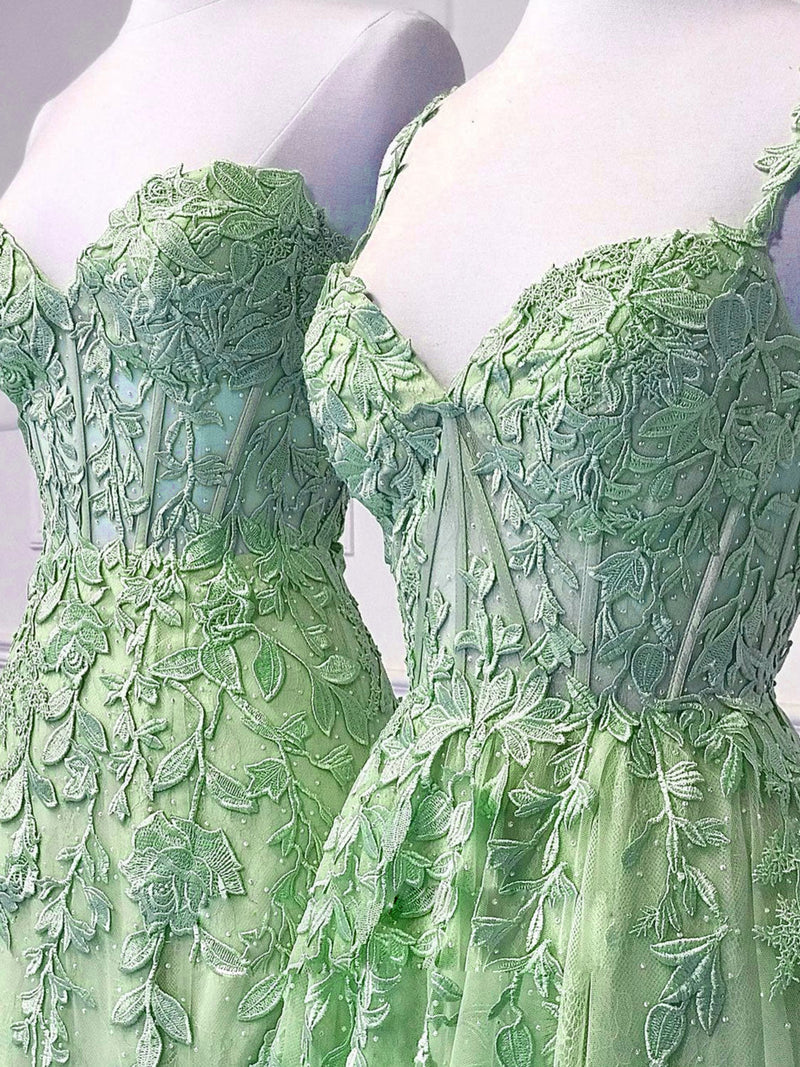 A-Line Tulle Lace Green Long Prom Dress, Green Lace Long Graduation Dress US 10 / Custom Color / B A-Line Tulle Lace Green Long Prom Dress, Green Lace Long Graduation Dress US 10 / Custom Color / B