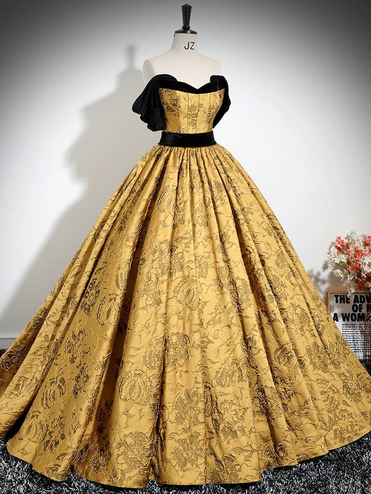 A-Line Off Shoulder Satin Gold Long Prom Dress, Gold Long Formal Dress shopluu A-Line Off Shoulder Satin Gold Long Prom Dress, Gold Long Formal Dress shopluu