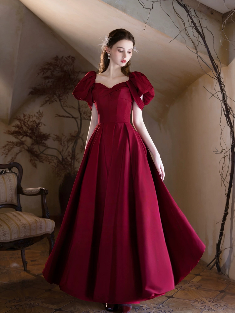 Burgundy Satin Formal Evening Gown with Puff Sleeve, A-Line Long Prom Dress US 2 / Burgundy Burgundy Satin Formal Evening Gown with Puff Sleeve, A-Line Long Prom Dress US 2 / Burgundy
