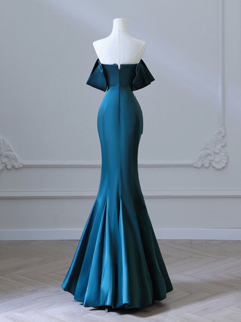 Simple Off Shoulder Satin Ink Blue Long Prom Dress, Ink Blue Long Formal Dress US 16 / Custom Color Simple Off Shoulder Satin Ink Blue Long Prom Dress, Ink Blue Long Formal Dress US 16 / Custom Color