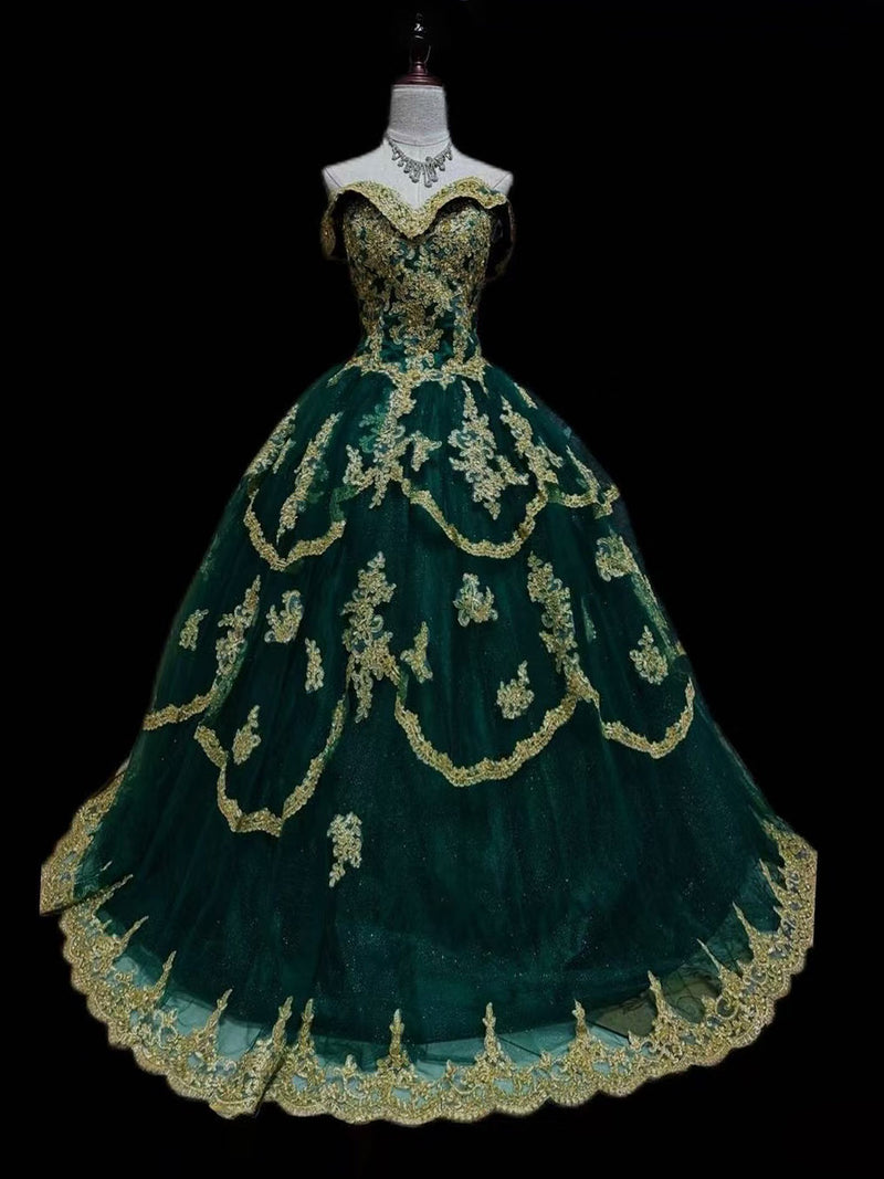 emerald green and gold prom dress A-Line Tulle Lace Emerald Green Long Prom Dress Custom Size / Emerald Green