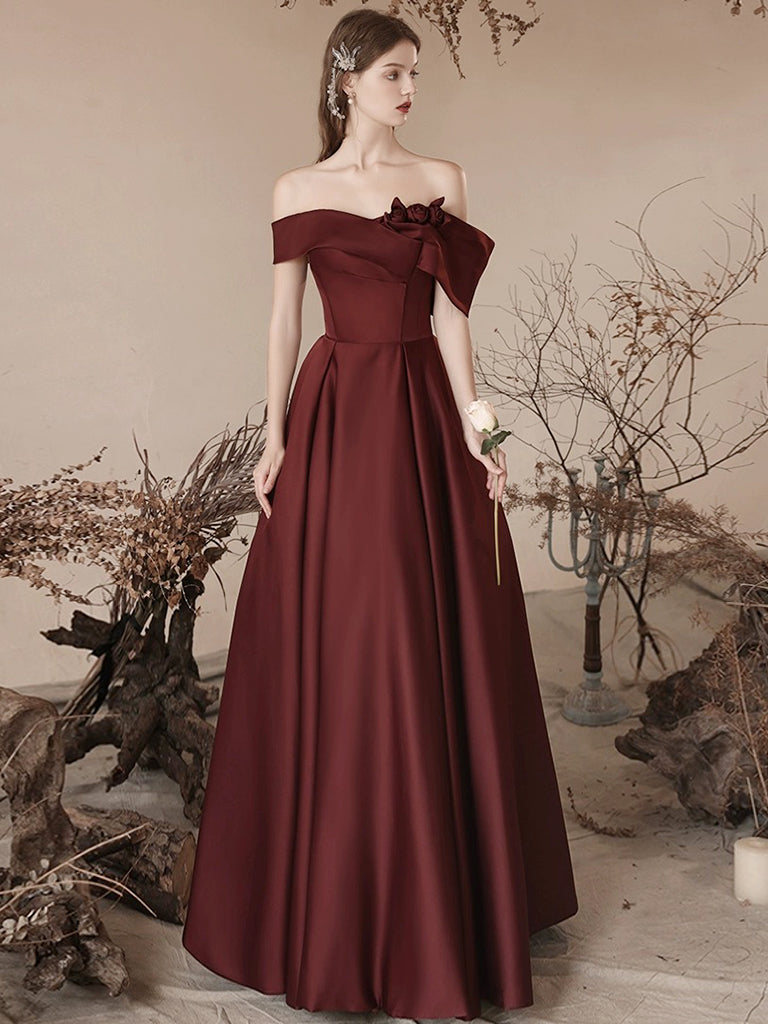 A-Line off Shoulder Satin Dark Burgundy Long Prom Dress, Satin