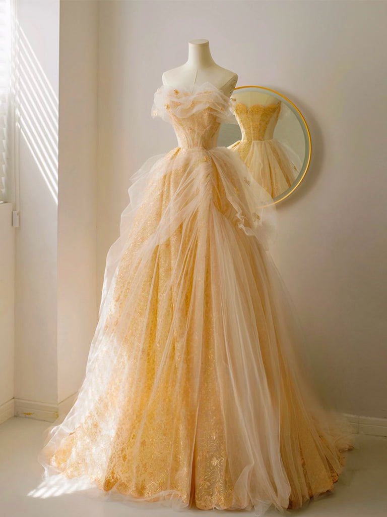 A-Line Tulle Lace Champagne Long Prom Dress, Champagne Long Formal Dress US 10 / Champagne A-Line Tulle Lace Champagne Long Prom Dress, Champagne Long Formal Dress US 10 / Champagne