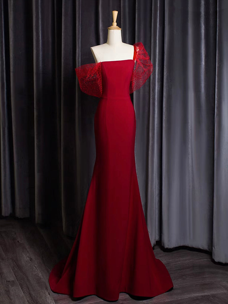 burgundy one shoulder prom dress Burgundy One Shoulder Mermaid Velour Prom Dresses -