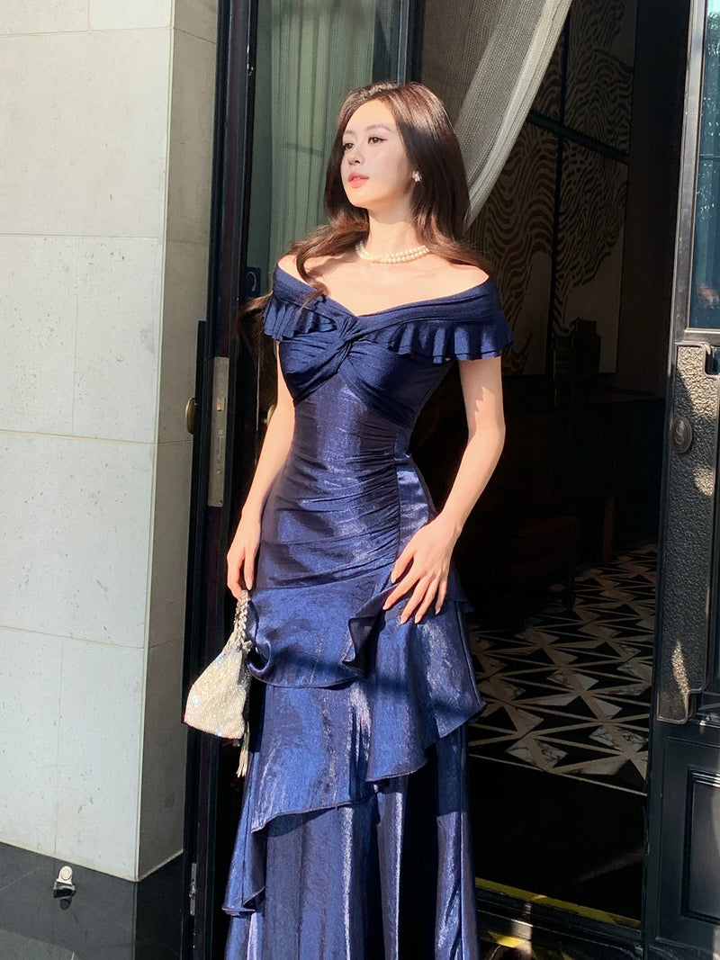 A-line Off Shoulder Off Shoulder Floor Length Dark Blue Prom Dress  shopluu